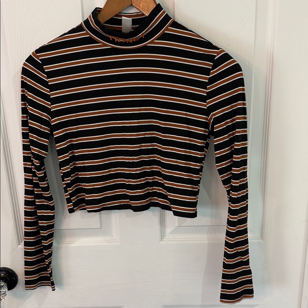 Striped Mock Neck Long Sleeve Crop Top - Black & Brown